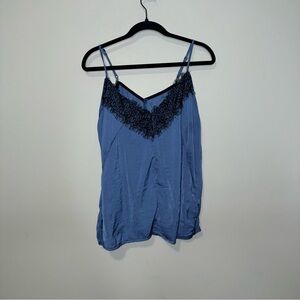 Blue Satin Camisole Top with Black Eyelash Lace Trim V-Neck Adjustable Straps